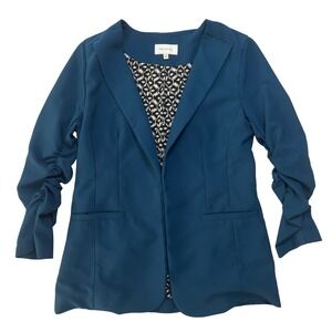 Skies Are Blue Raja Collarless Teal Blue Open Front Blazer Ikat Lining XS